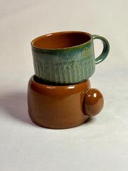 Handmade Stoneware Mug Set: Brown & Green Pottery Coffee Cups
