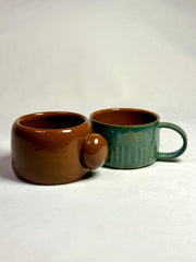 Handmade Stoneware Mug Set: Brown & Green Pottery Coffee Cups