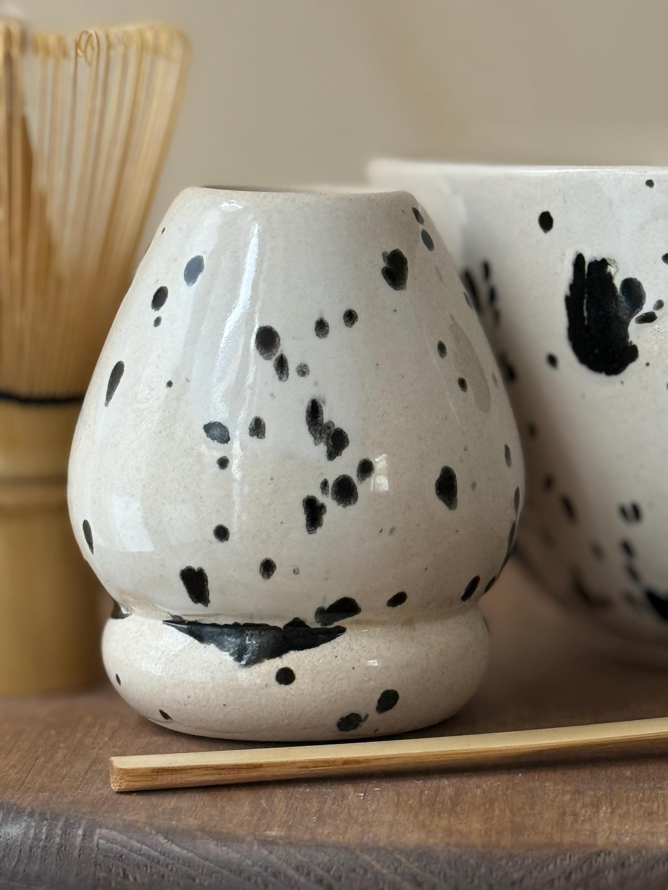 Handmade Speckled Ceramic Matcha Set – Chawan Bowl & Whisk Holder