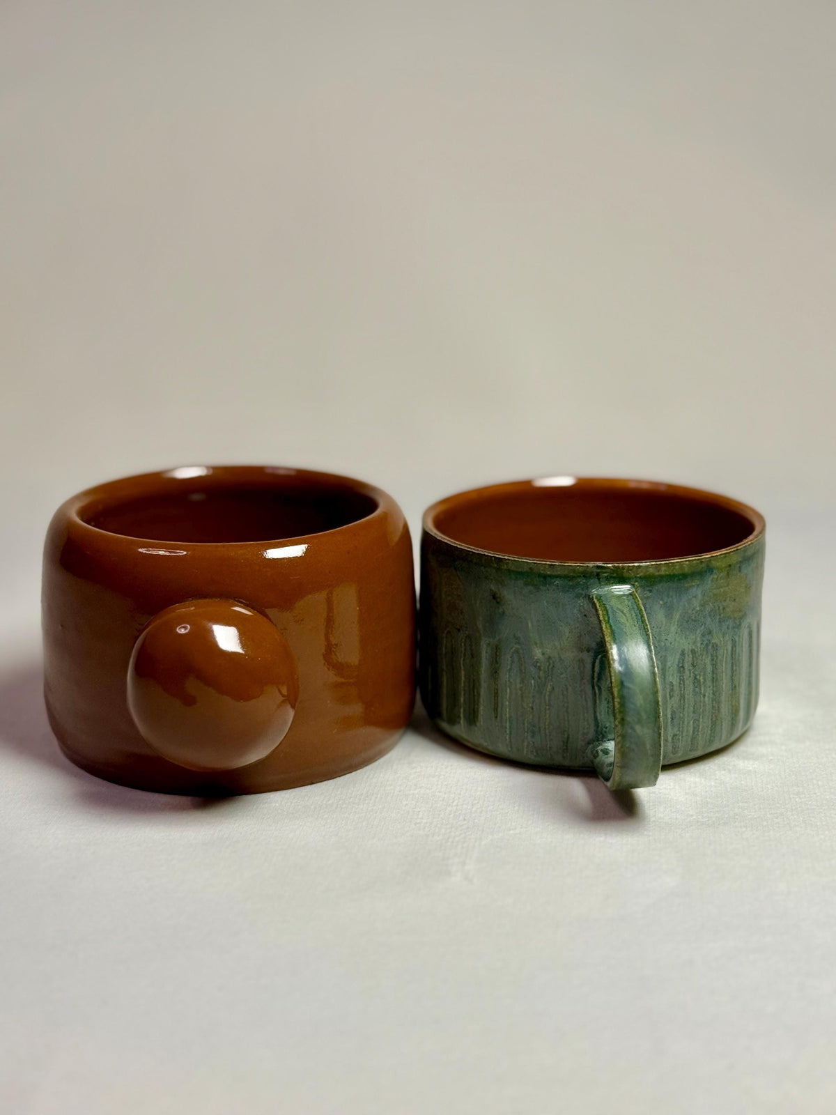 Handmade Stoneware Mug Set: Brown & Green Pottery Coffee Cups