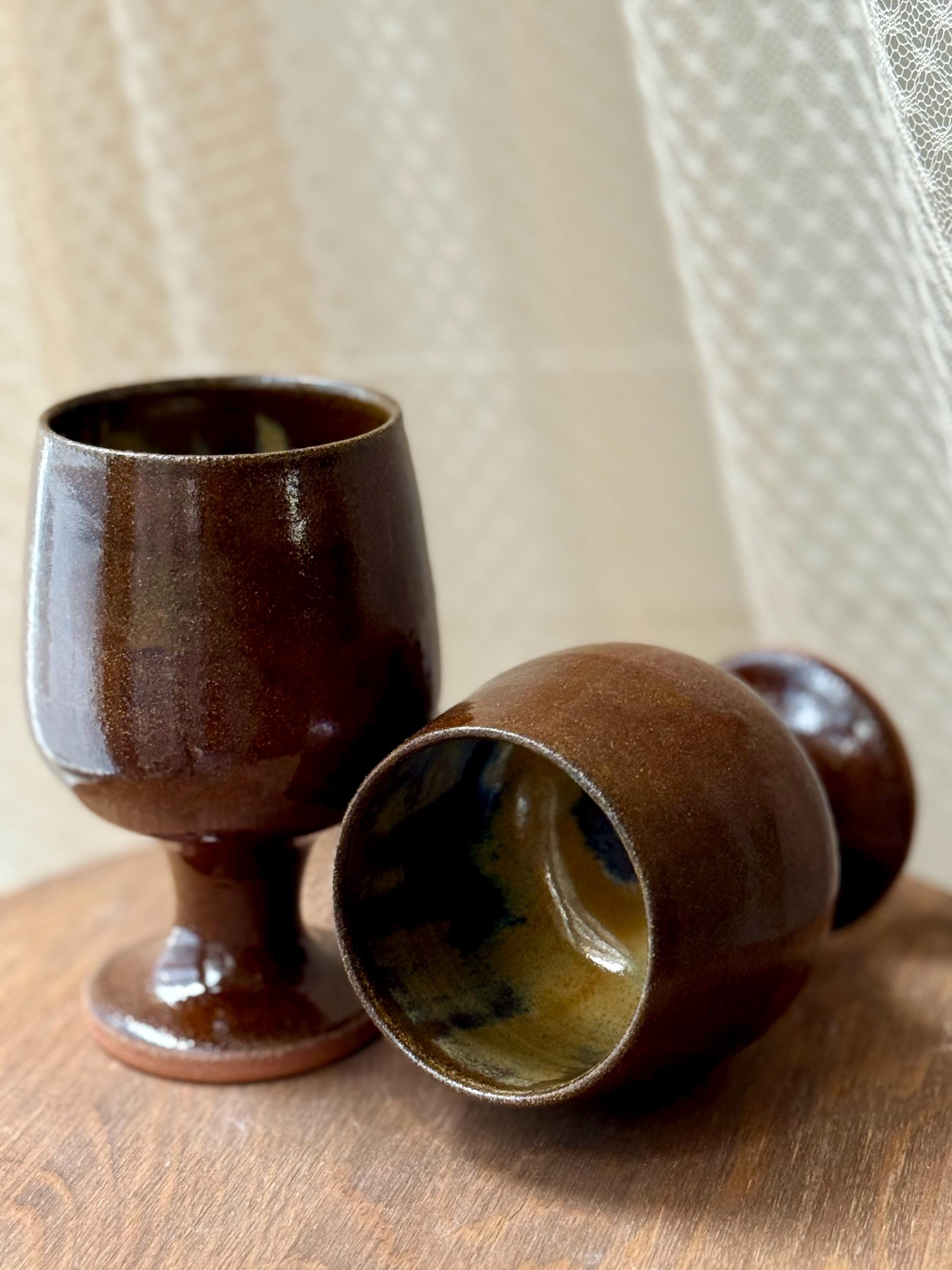 Handmade Pottery Wine Glass | Dark Brown Ceramic Wine Cup | Rustic Stoneware Gift Set