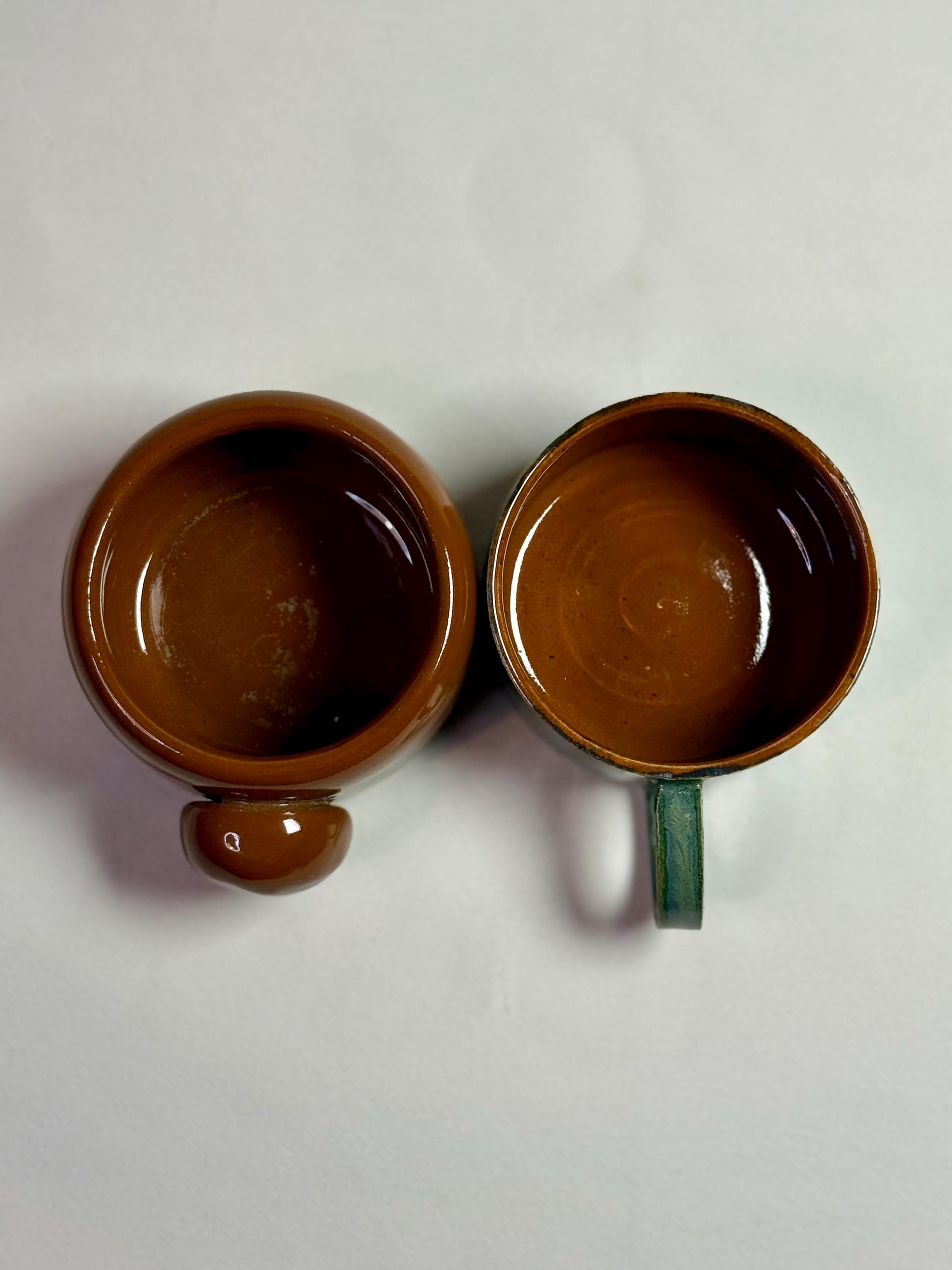 Handmade Stoneware Mug Set: Brown & Green Pottery Coffee Cups