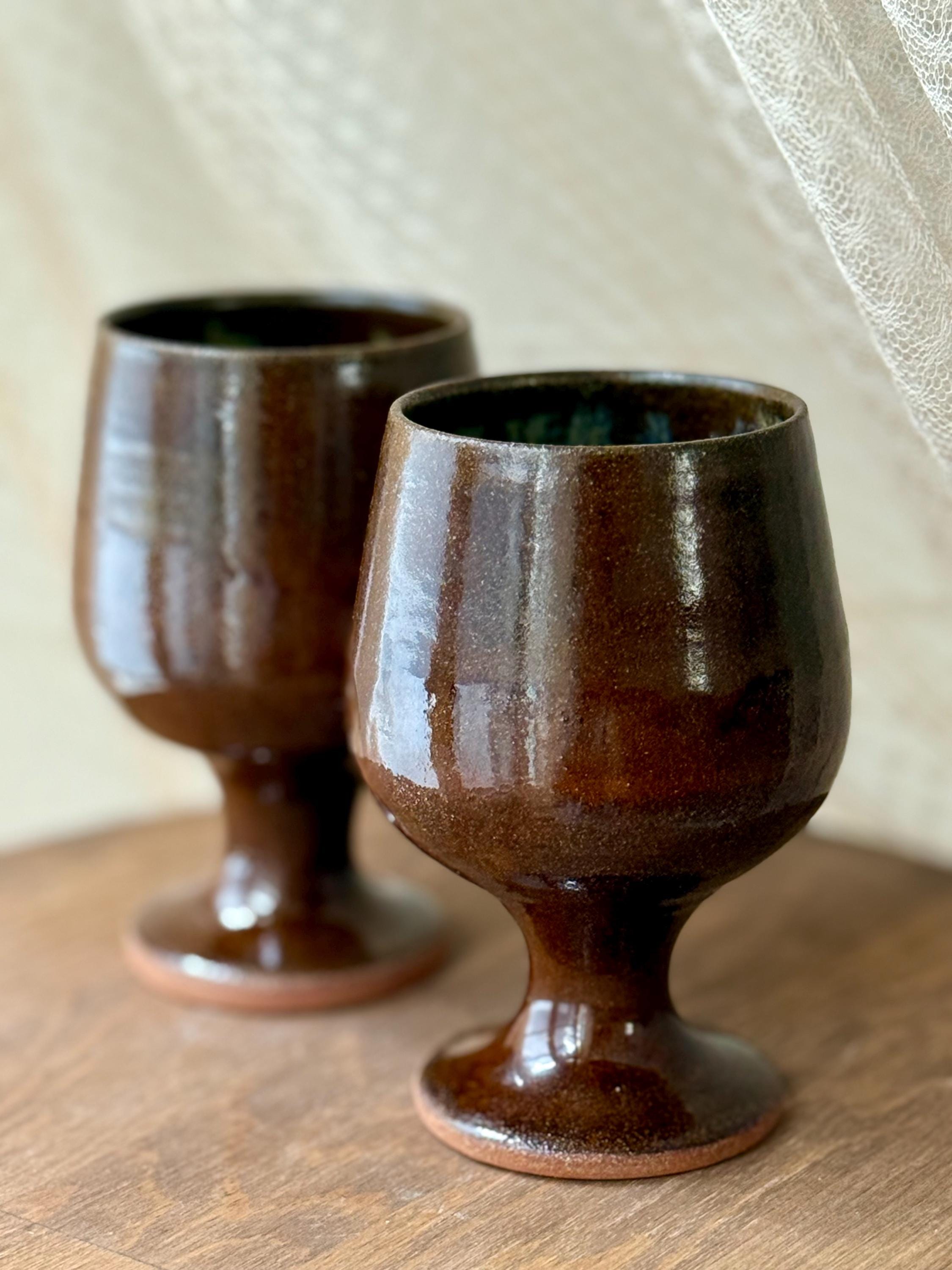 Handmade Pottery Wine Glass | Dark Brown Ceramic Wine Cup | Rustic Stoneware Gift Set
