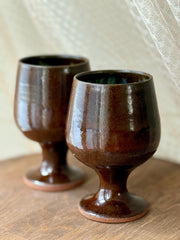 Handmade Pottery Wine Glass | Dark Brown Ceramic Wine Cup | Rustic Stoneware Gift Set