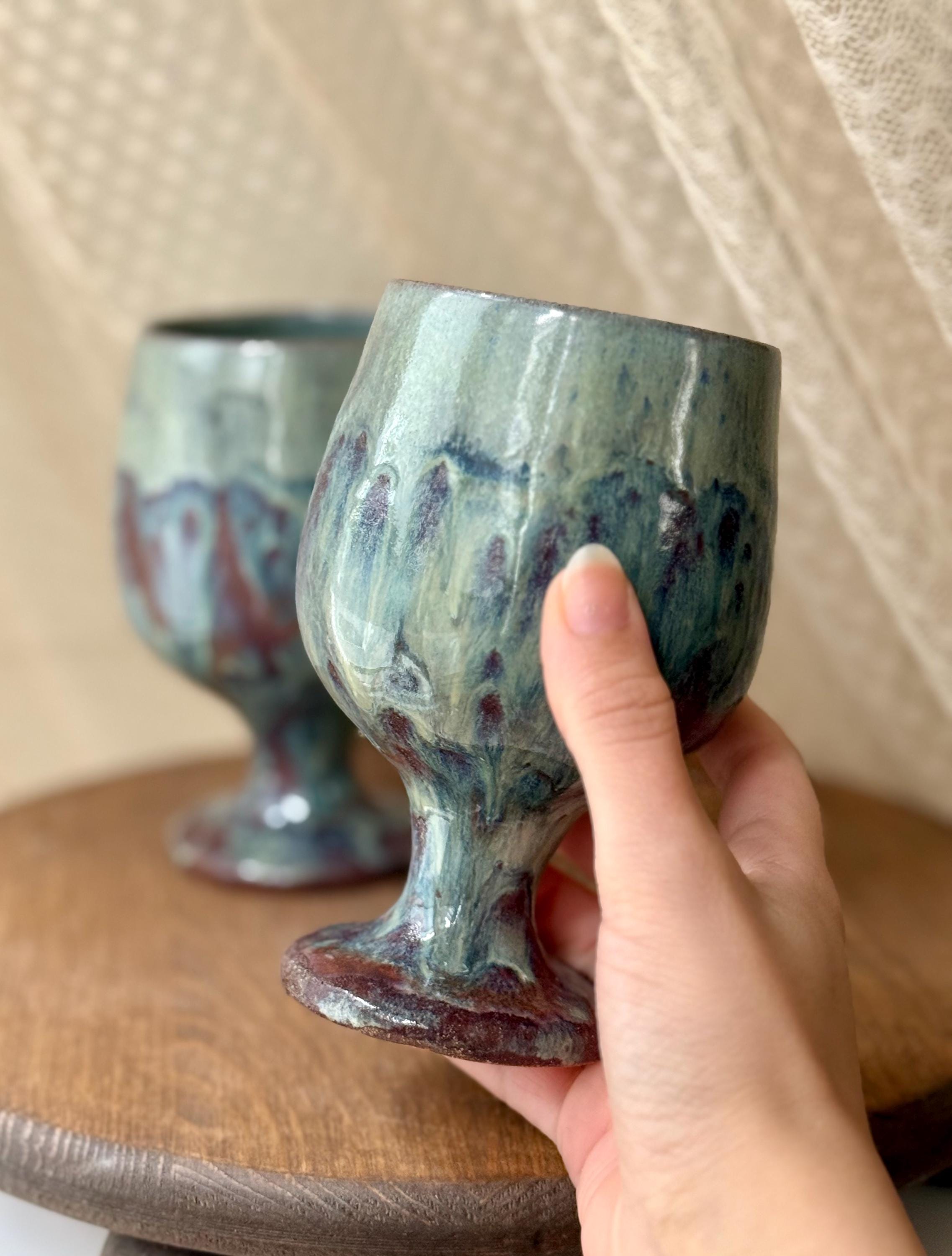 Textured Blue Green Ceramic Wine Glass | Coastal Pottery Goblet | Handmade Boho Drinkware