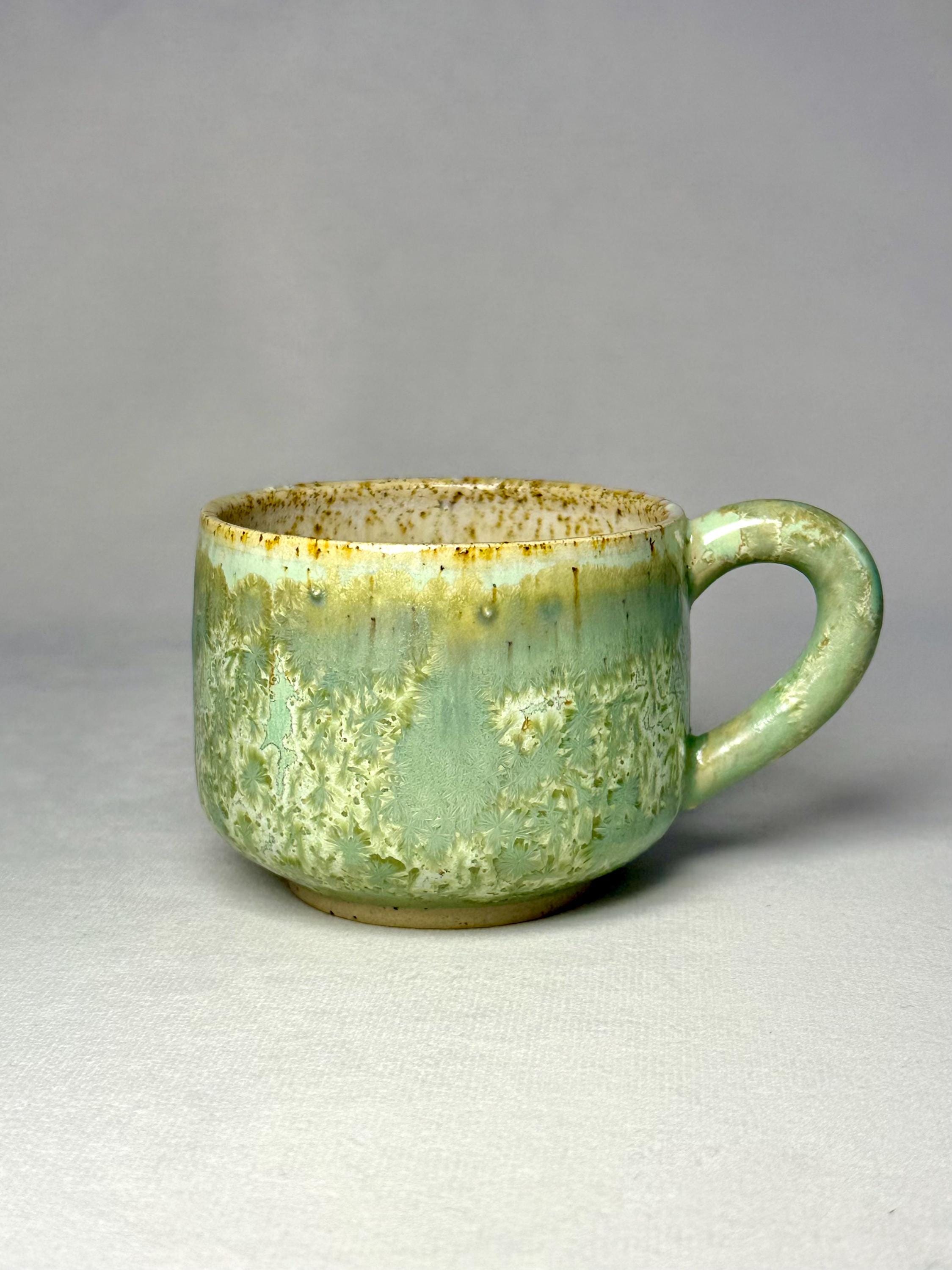 Handmade Crystalline Glaze Ceramic Mug: Earthy Green Stoneware Coffee Cup