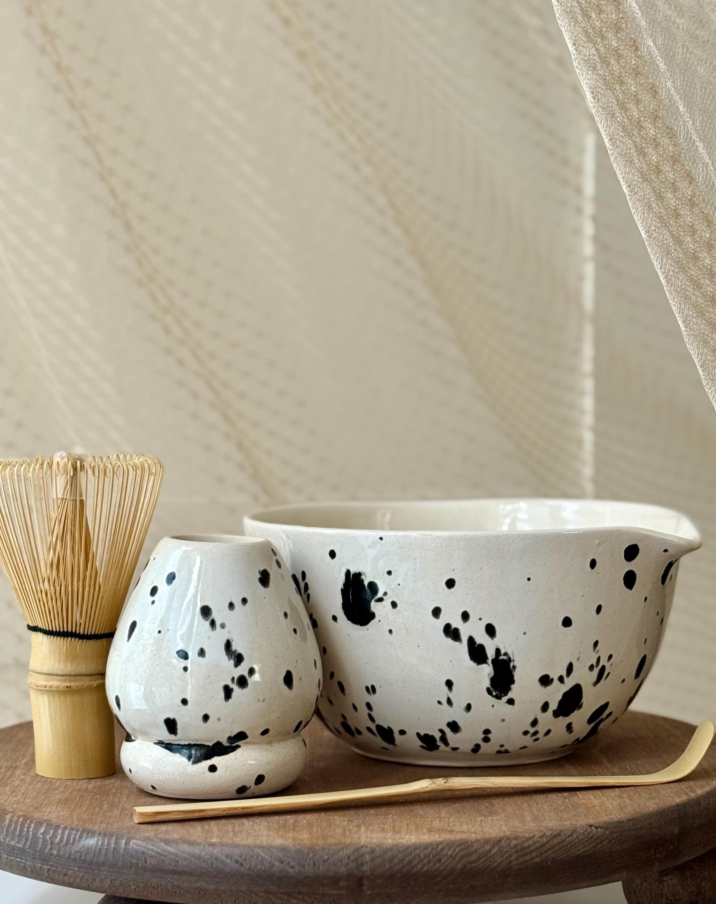 Handmade Speckled Ceramic Matcha Set – Chawan Bowl & Whisk Holder