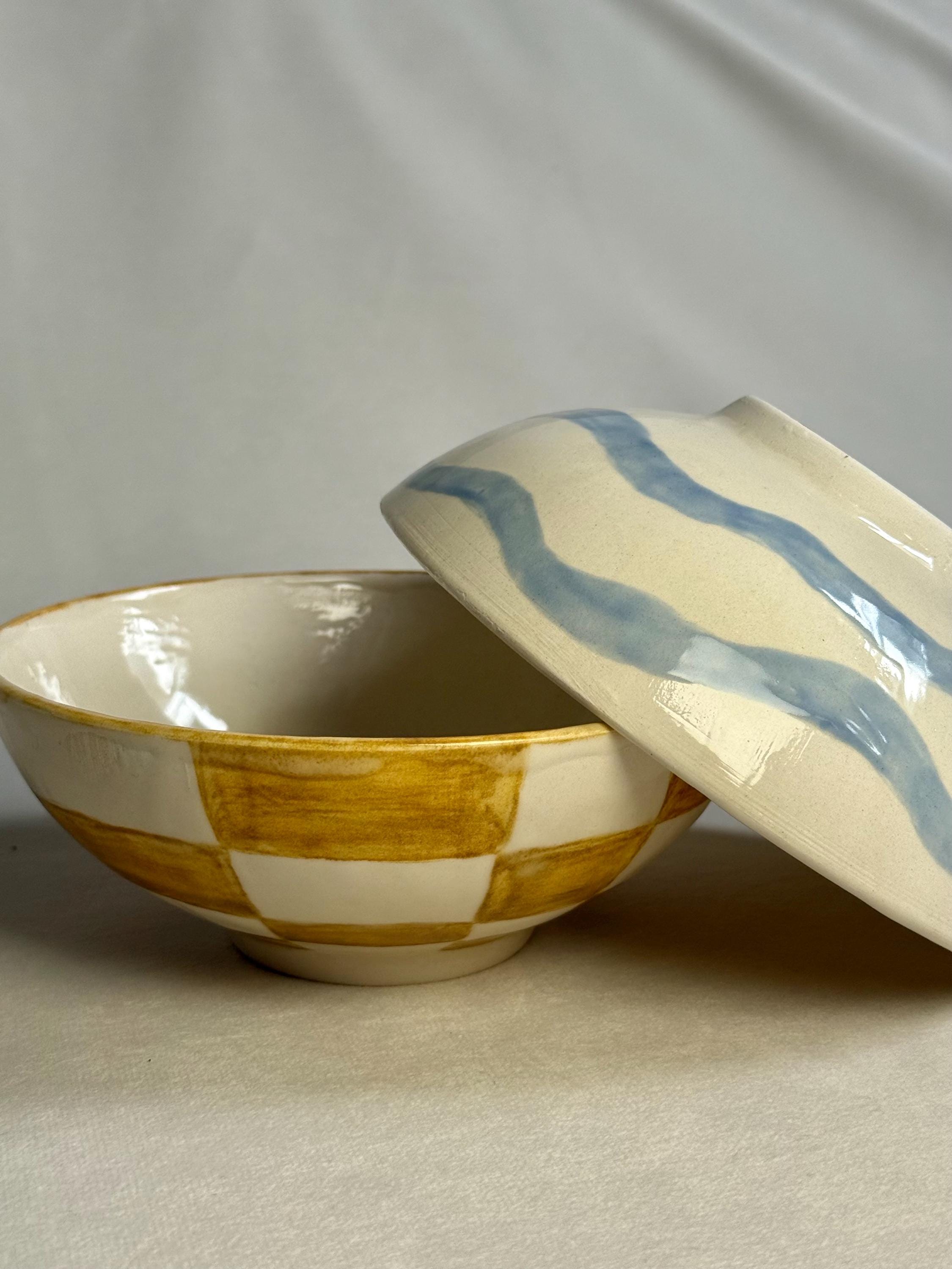 Yellow Checkerboard Ceramic Bowl – 15 cm
