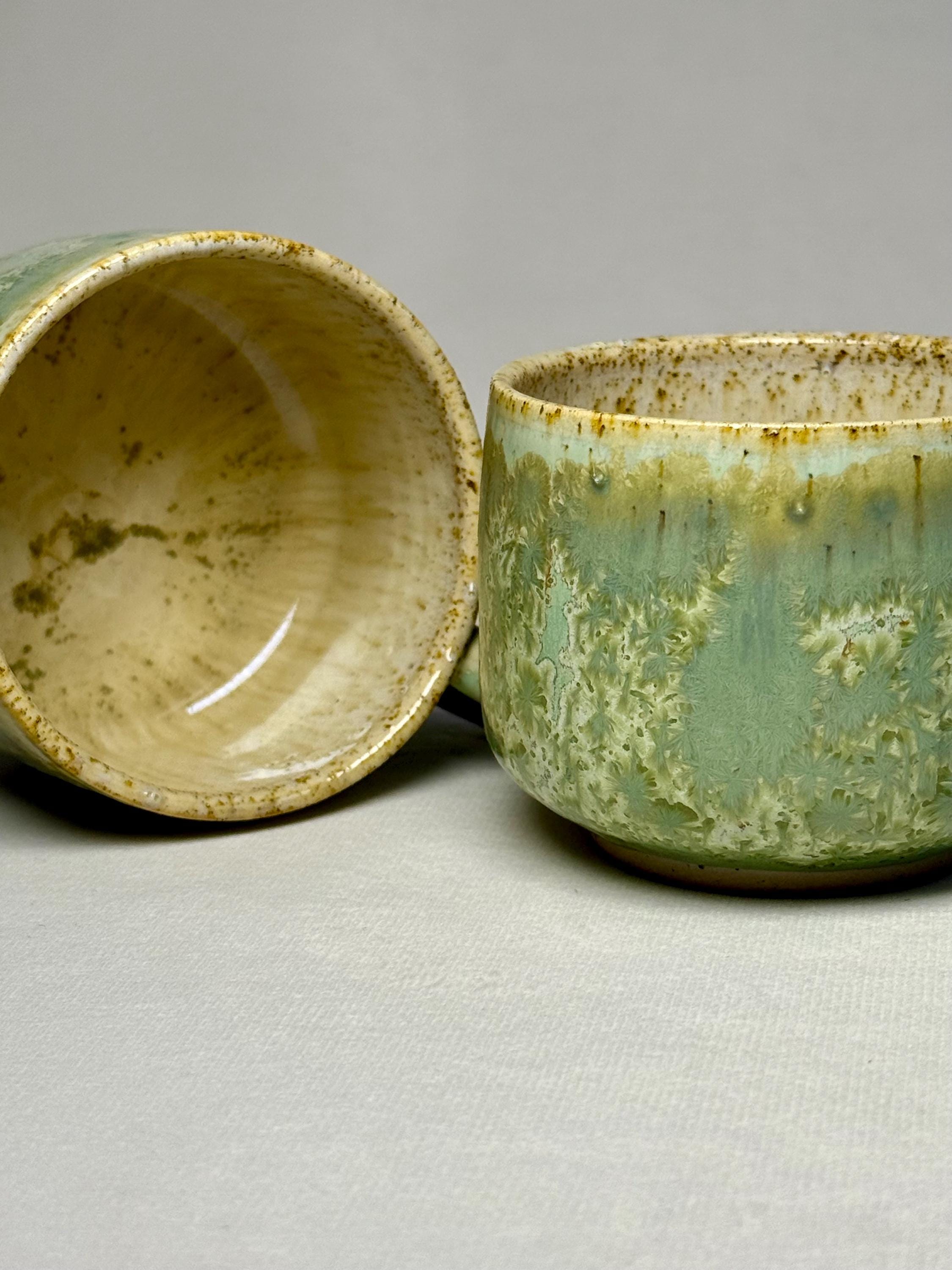 Handmade Crystalline Glaze Ceramic Mug: Earthy Green Stoneware Coffee Cup