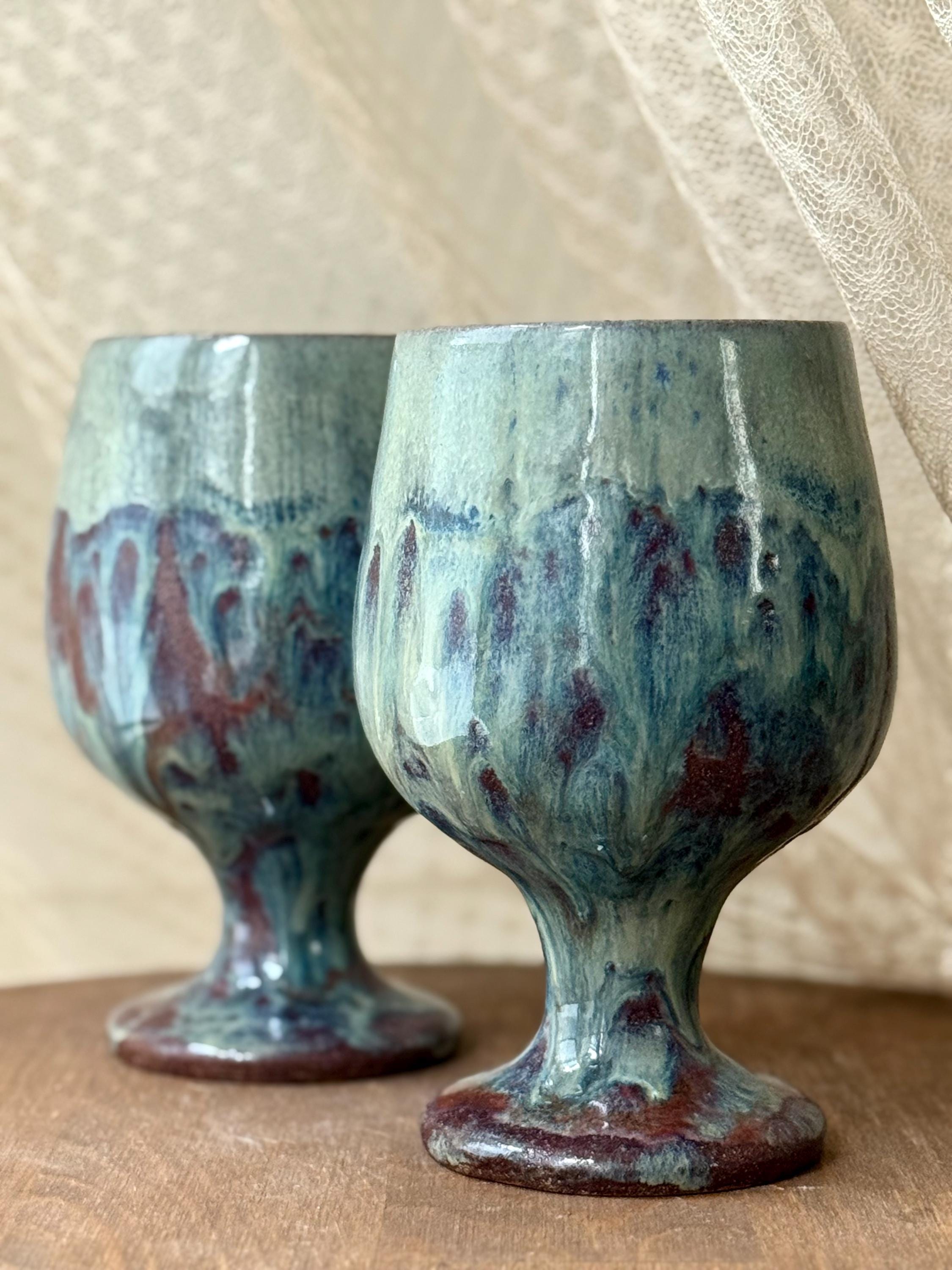 Textured Blue Green Ceramic Wine Glass | Coastal Pottery Goblet | Handmade Boho Drinkware